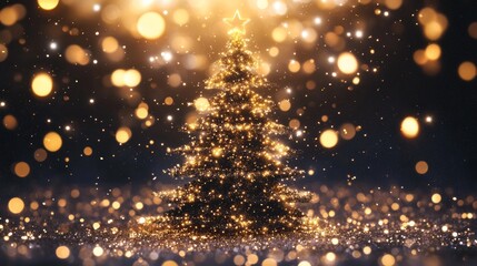 Naklejka premium A sparkling Christmas tree, decorated with shining lights, stands out against a backdrop of spotlights. The festive scene is filled with glowing particles, creating a magical holiday atmosphere.