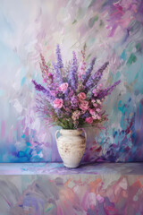 Lavender flowers in white vase impasto oil painting, vintage illustration for wedding, Mothers day, Womans day card. Flower composition with place for text, copy space. 