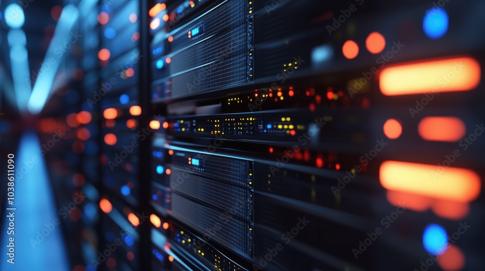 Poster a close-up of data storage servers in a data center, showcasing solid-state drives and efficient coo