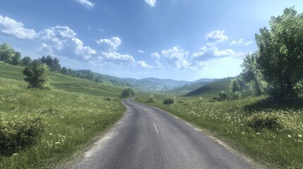 Fototapeta premium A straight, paved road winds through a countryside landscape. Green hills dotted with trees and bushes stretch out under a bright blue sky. It's a summer scene.