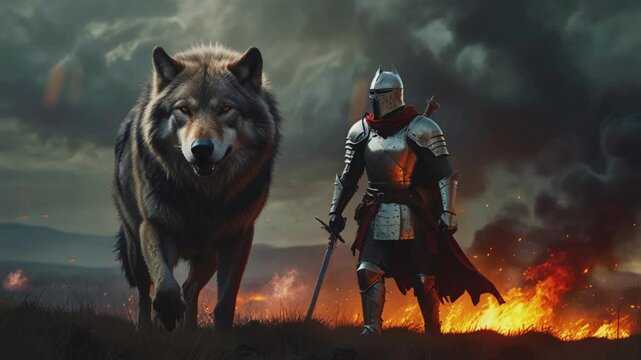 A knight and a huge wolf, 4K seamless looping virtual video animation background