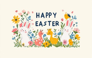 Whimsical Easter-themed poster with the phrase "HAPPY EASTER" in playful typography, complemented by cute bunnies, chicks