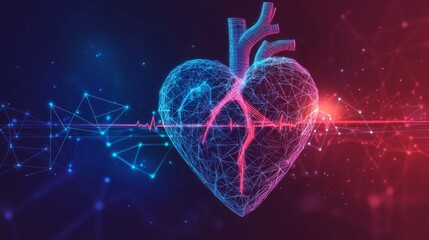 A stylized blue heart with a red pulse line and a red circle represents a modern healthcare concept. The design features a low-poly style, geometric background, and wireframe connections.