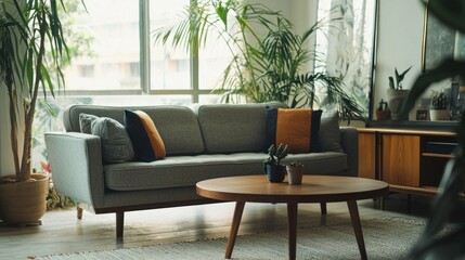 A living room being transformed with the arrival of new furniture, including a sleek couch and coffee table.