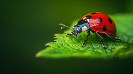 Fototapeta premium A tiny red ladybug with black spots sits on a green leaf. The picture shows every detail of the ladybug, taken up close with a special camera.