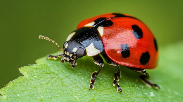 A tiny red ladybug with black spots sits on a green leaf. The picture shows every detail of the ladybug, taken up close with a special camera.