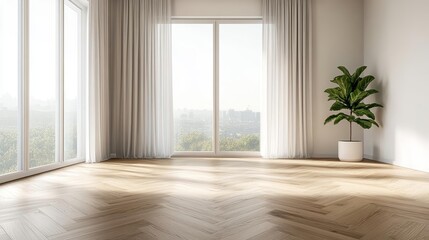 Fototapeta premium Warm-toned oak parquet flooring, bathed in natural light from floor-to-ceiling windows, minimalistic room with subtle greenery and soft curtains flowing