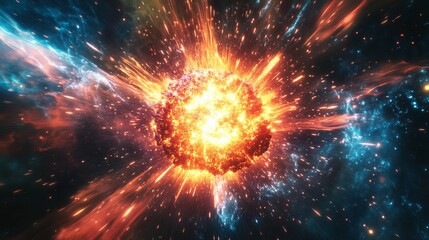 A vibrant explosion of energy, showcasing the power of nuclear fission and fusion. The abstract image is created using computer graphics and looks like a 3D model.