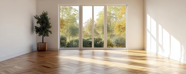 Elegant herringbone parquet floor, softly illuminated by the morning sun through large windows, modern interior with a focus on craftsmanship and natural beauty