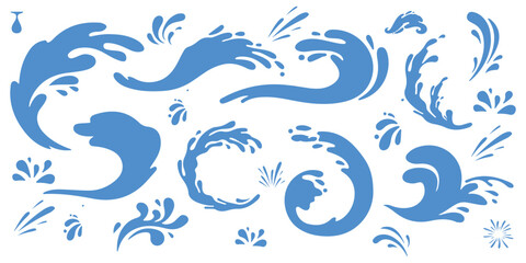 Water crown splashes and wave swirl with drops. Vector transparent blue liquid splashing fluids with droplets, isolated realistic 3d elements, fresh drink, clear aqua falling or pour with air bubbles
