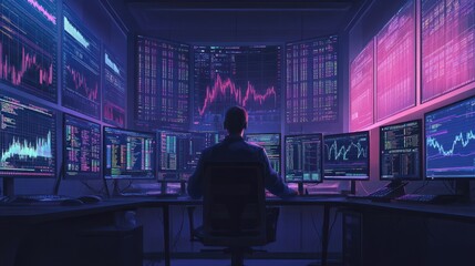 A man works as an operator specialist in a computer data center in front of many monitors with charts and data