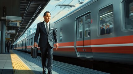 A mature businessman is getting on a train.