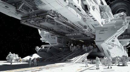Futuristic Spaceship Cargo Loading Operations with Ray Tracing Illustration