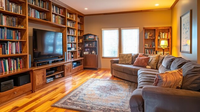 A family room filled with functional home furniture, including bookshelves, a couch, and a TV stand.
