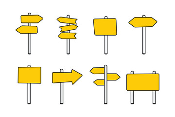 Yellow street signs. Directional pole with wayfinding arrows, finger post sign isolated realistic vector illustration set