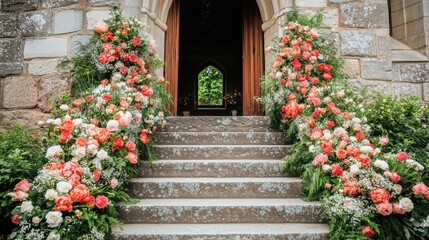 Beautiful flowers decorate the steps leading up to the church for a wedding ceremony.