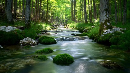 Obraz premium A peaceful woodland stream with crystal-clear water flowing over moss-covered rocks, surrounded by dense forest