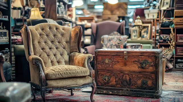 An antique store filled with vintage furniture, including a velvet armchair and a wooden chest.