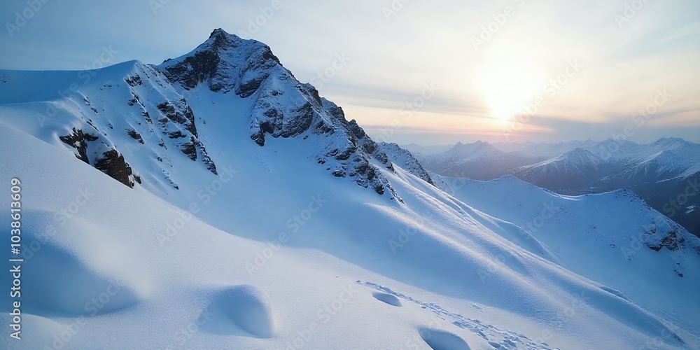 Canvas Prints Snowy mountain peak at sunset with a view of the surrounding mountains