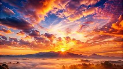 Fototapeta premium Golden Hour Majesty A symphony of orange and gold hues paints the sky as the sun rises over a misty valley, creating a breathtaking panorama of celestial beauty.