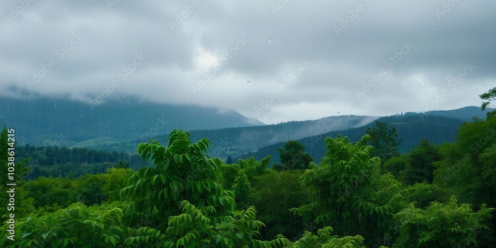 Sticker A misty, green landscape with rolling hills.