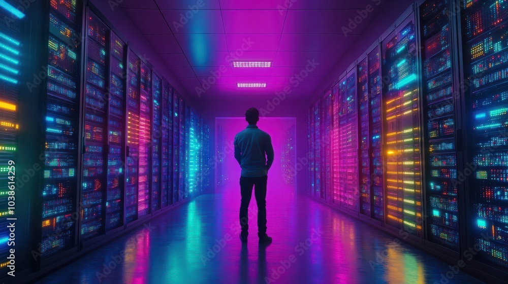 Poster a technician stands in a server room with colorful lights and data connections.