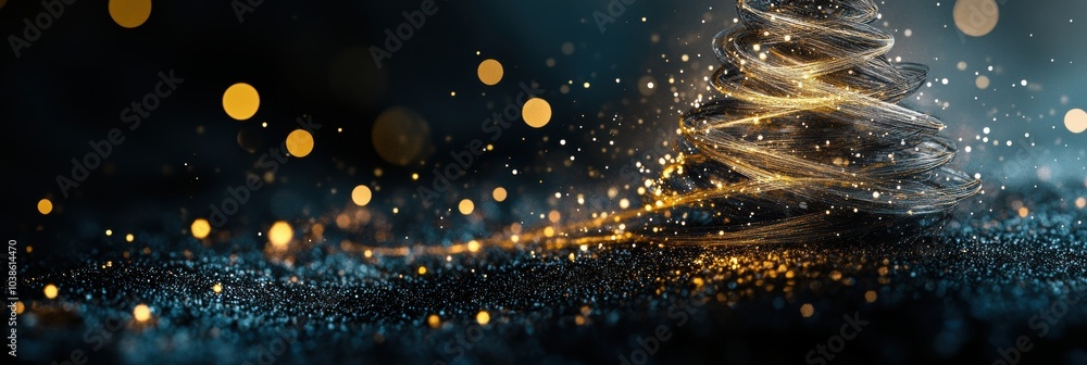 Poster The artwork features intricate golden and silver lines creating a Christmas tree silhouette, glowing against a dark background. Generative AI