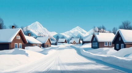 White snowcovered village under a clear blue sky, cozy cabins and quiet streets, flat design illustration