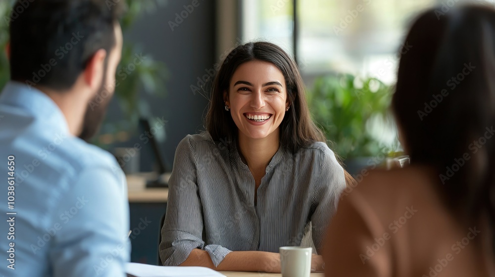 Poster hr manager smiling while conducting a successful job interview.
