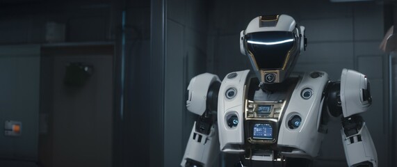 robot is standing in a dark room