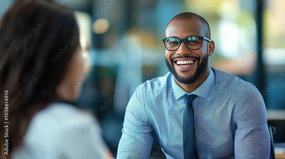 Poster hr manager smiling while conducting a successful job interview.