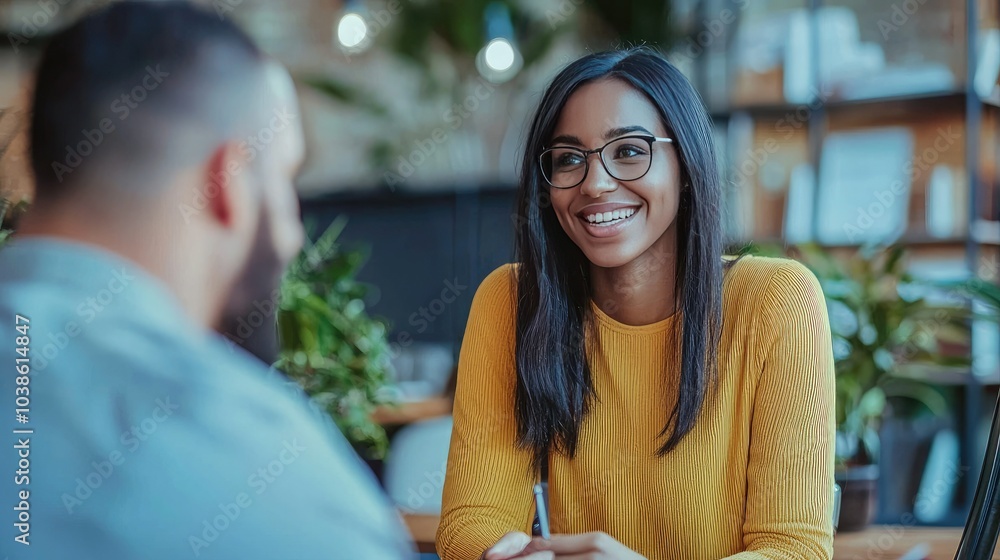 Poster hr manager smiling while conducting a successful job interview.