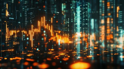 Obraz premium Abstract glowing big data forex candlestick chart on blurry city backdrop. Trade, technology, investment and analysis concept