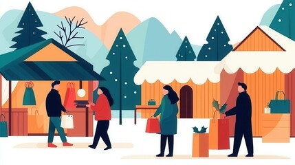 Naklejka premium Winter retail market with holidaythemed stalls, people enjoying festive shopping, cozy winter scene, flat design illustration