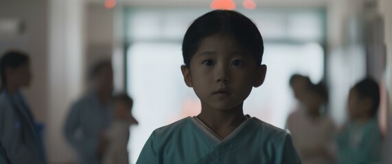 Fototapeta premium young boy in a hospital gown is standing in a hallway