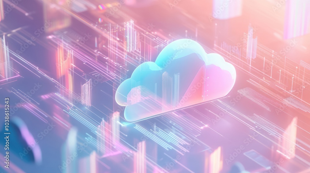 Poster abstract representation of cloud computing and data storage with pastel-colored graphs and charts in