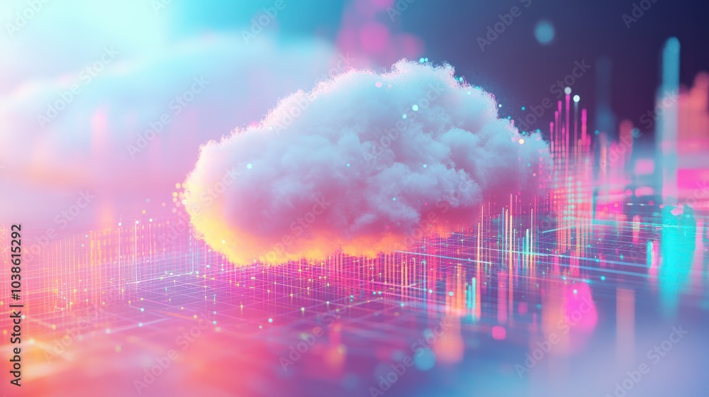 Poster abstract representation of cloud computing and data storage with pastel-colored graphs and charts in