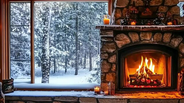 A cozy fireplace with a view of a snowy forest outside.