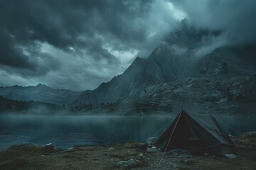 In the late evening, a camping tent beside a lake with mountains in the background.