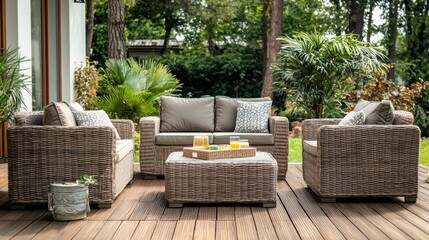 Fototapeta premium A cozy outdoor lounge area with wicker patio furniture, including cushioned chairs and a coffee table on a wooden deck.