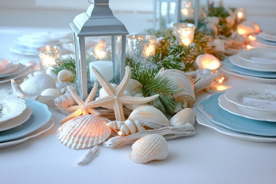 A coastal Christmas tablescape with a soft blue and white theme, featuring seashells, starfish, and driftwood in the centerpiece, accented by glowing lanterns and simple white plates. 