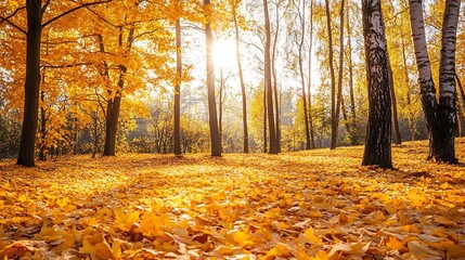 Obraz premium A serene autumn forest with a blanket of fallen leaves, tall trees with golden foliage, and soft sunlight filtering through the branches 