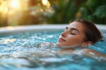 Fototapeta premium A serene evening in a luxurious hot spring pool amidst a lush jungle retreat. Generative AI
