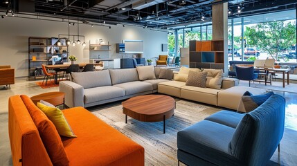 A large furniture showroom filled with contemporary designs, including couches, dining tables, and home office setups.
