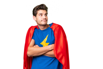 Super Hero caucasian man over isolated background making doubts gesture while lifting the shoulders