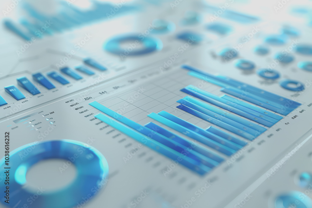 Poster Evaluation insights, bar charts, blue and white, 3D rendering, informative and detailed.