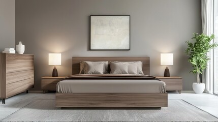 A bedroom designed with sleek, modern furniture, including a minimalist bed frame, dresser, and bedside lamps.
