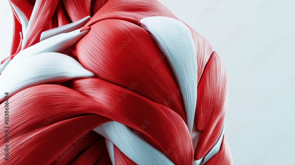 Fototapete This close-up view showcases intricate details of a red and white muscle, emphasizing its anatomy and the unique textures present. Generative AI