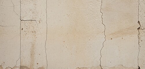 Fototapeta premium A weathered, beige concrete wall with cracks and small marks is captured from a low angle, showcasing its aged texture and the passage of time
