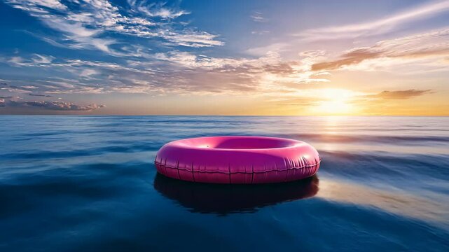 A pink inflatable ring floats in the calm ocean water at sunset